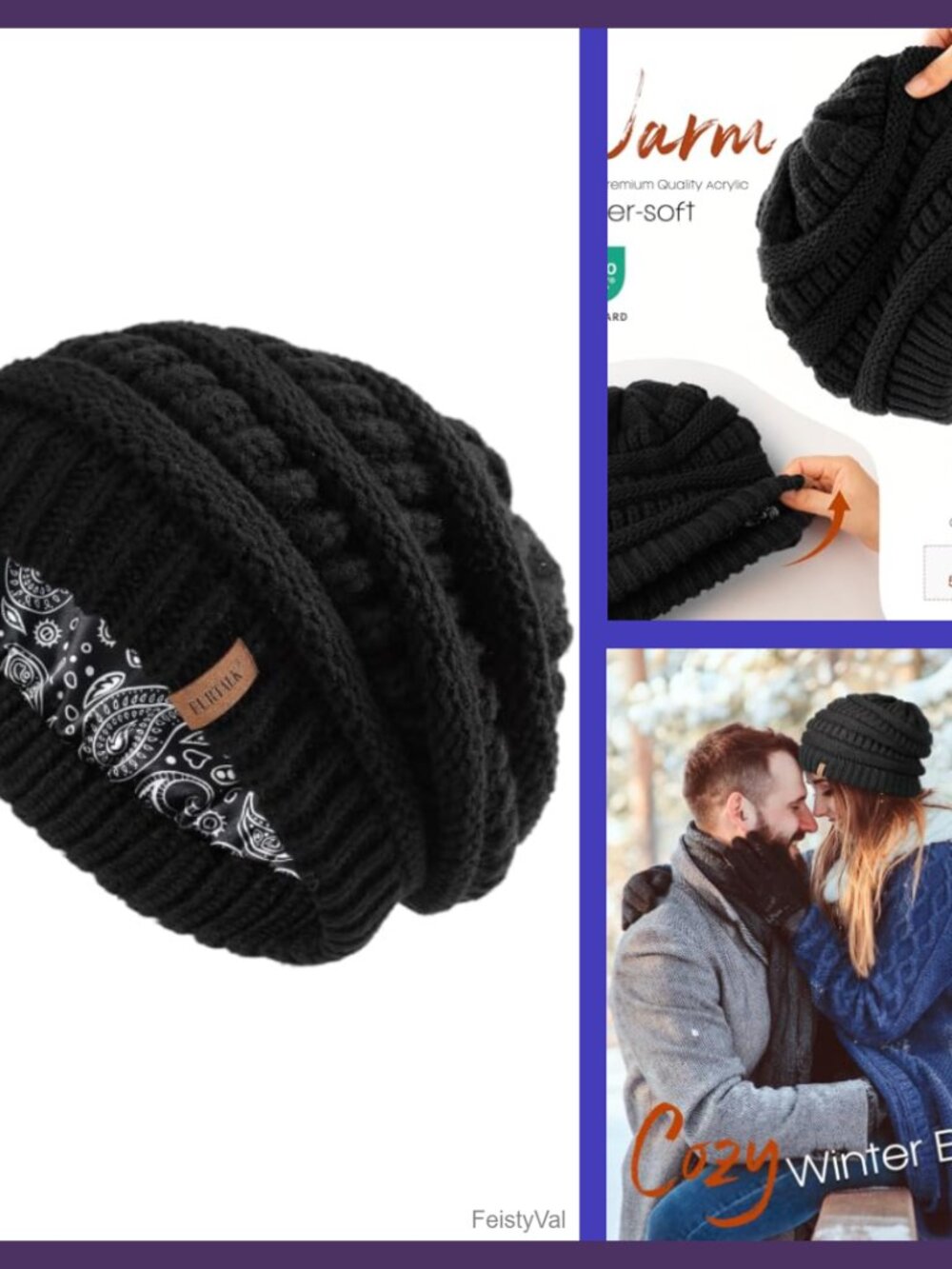 Satin Lined Cable Knit Beanie Chunky Slouchy Winter Warm Skull Cap
